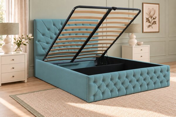 Pat tapițat Chesterfield din catifea Venezia 140×200 cm, verde marin, cu ladă de depozitare