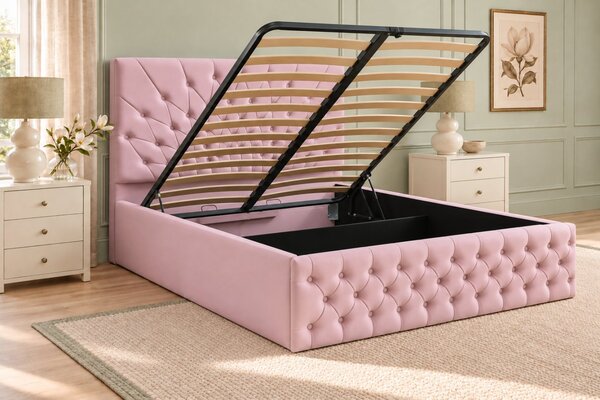 Pat tapițat Chesterfield din catifea Venezia 140×200 cm, roz, cu ladă de depozitare