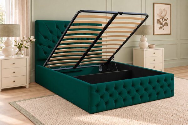 Pat tapițat Chesterfield din catifea Venezia 140×200 cm, verde, cu ladă de depozitare