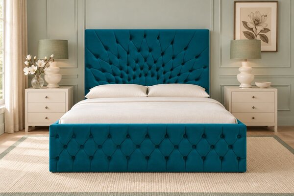 Pat tapițat Chesterfield din catifea Venezia 140×200 cm, turcoaz, cu ladă de depozitare