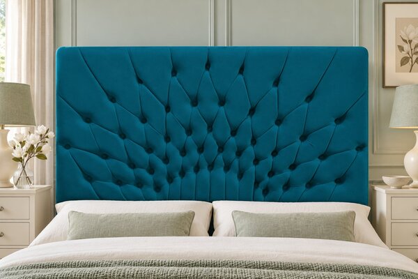 Pat tapițat Chesterfield din catifea Venezia 140×200 cm, turcoaz, cu ladă de depozitare