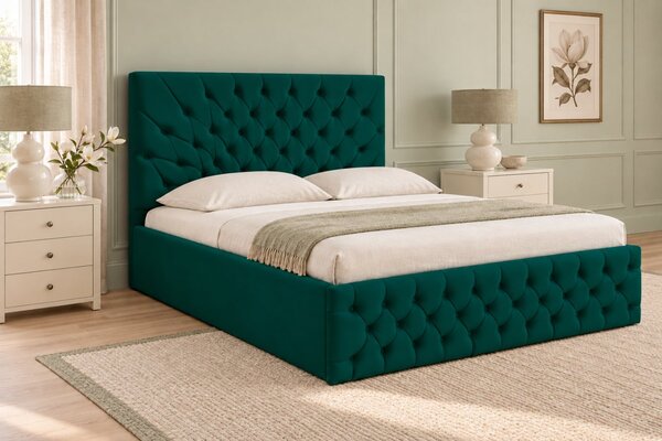 Pat tapițat Chesterfield din catifea Venezia 140×200 cm, verde, cu ladă de depozitare