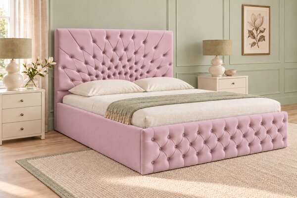 Pat tapițat Chesterfield din catifea Venezia 140×200 cm, roz, cu ladă de depozitare