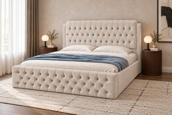 Pat tapițat din catifea Aveline 140×200 cm, crem, cu ladă de depozitare
