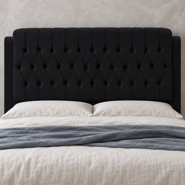 Pat tapițat din catifea Aveline 140×200 cm, negru, cu ladă de depozitare