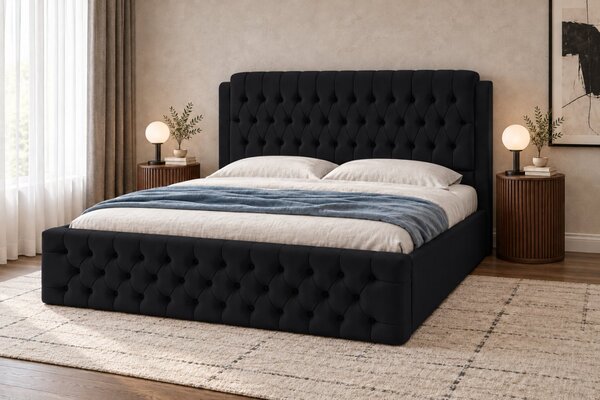 Pat tapițat din catifea Aveline 140×200 cm, negru, cu ladă de depozitare