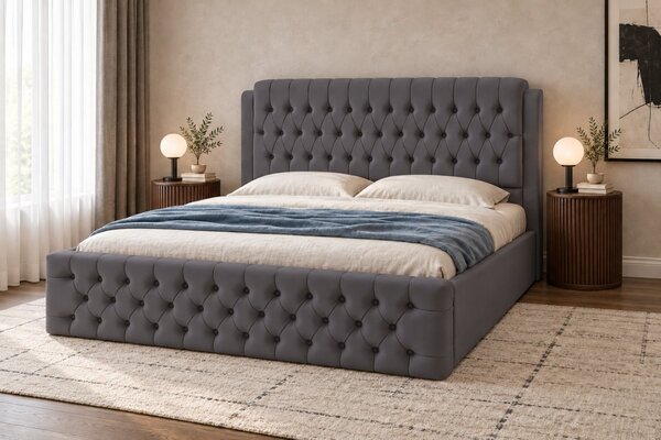 Pat tapițat din catifea Aveline 140×200 cm, gri închis, cu ladă de depozitare