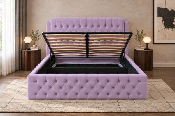 Pat tapițat din catifea Aveline 140×200 cm, lila, cu ladă de depozitare