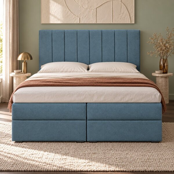 Pat boxspring din catifea Novella cu ladă 140×200 cm, albastru