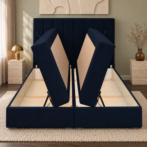 Pat boxspring din catifea Novella cu ladă 140×200 cm, bleumarin