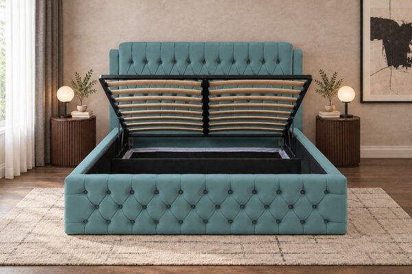 Pat tapițat din catifea Aveline 140×200 cm, verde marin, cu ladă de depozitare