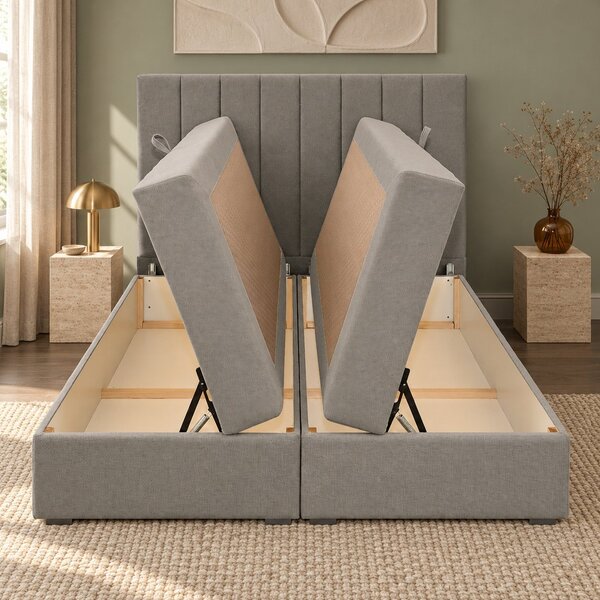 Pat boxspring din catifea Novella cu ladă 140×200 cm, gri deschis