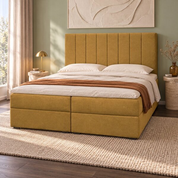 Pat boxspring din catifea Novella cu ladă 140×200 cm, galben muștar