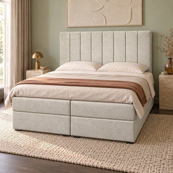 Pat boxspring din catifea Novella cu ladă 140×200 cm, crem