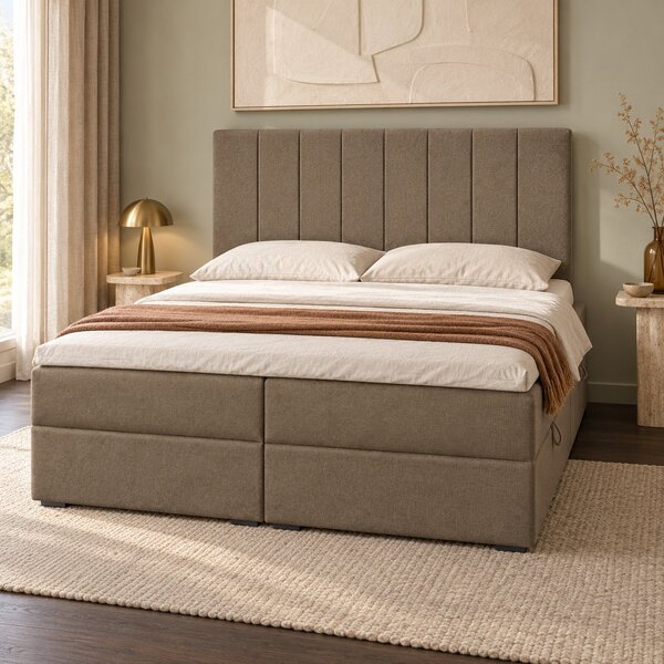 Pat boxspring din catifea Novella cu ladă 140×200 cm, cappuccino