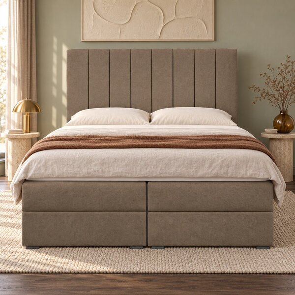 Pat boxspring din catifea Novella cu ladă 140×200 cm, cappuccino