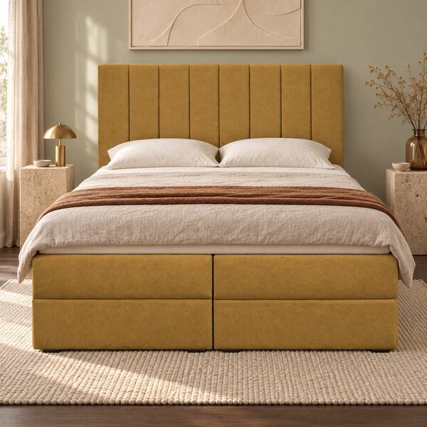 Pat boxspring din catifea Novella cu ladă 140×200 cm, galben muștar