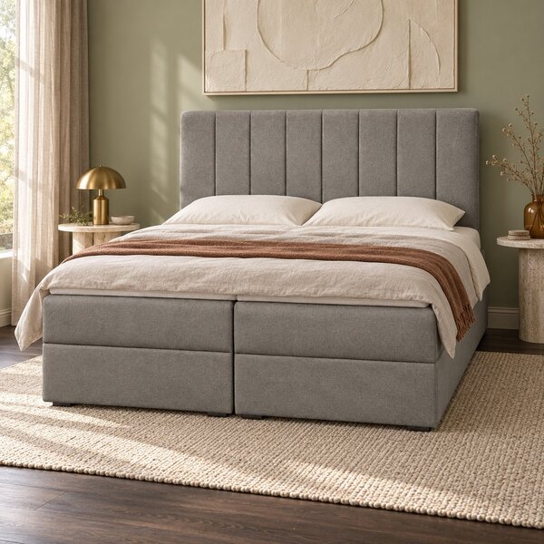 Pat boxspring din catifea Novella cu ladă 140×200 cm, gri deschis