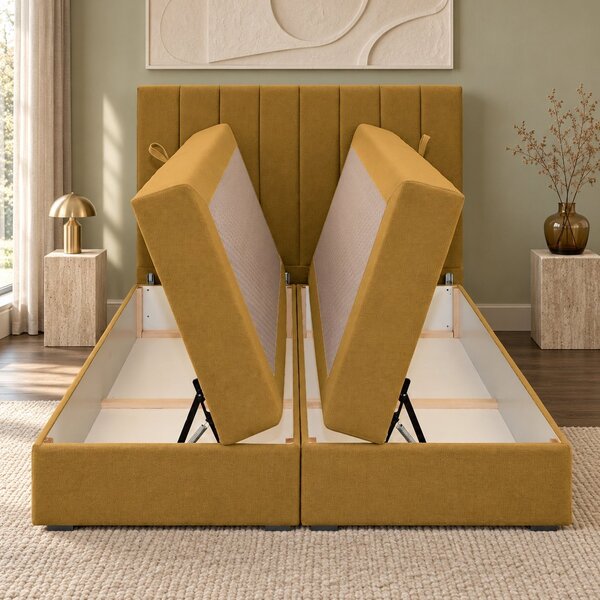 Pat boxspring din catifea Novella cu ladă 140×200 cm, galben muștar