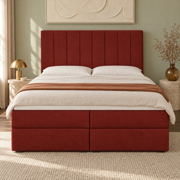 Pat boxspring din catifea Novella cu ladă 140×200 cm, roșu