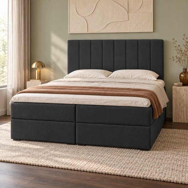 Pat boxspring din catifea Novella cu ladă 140×200 cm, gri închis