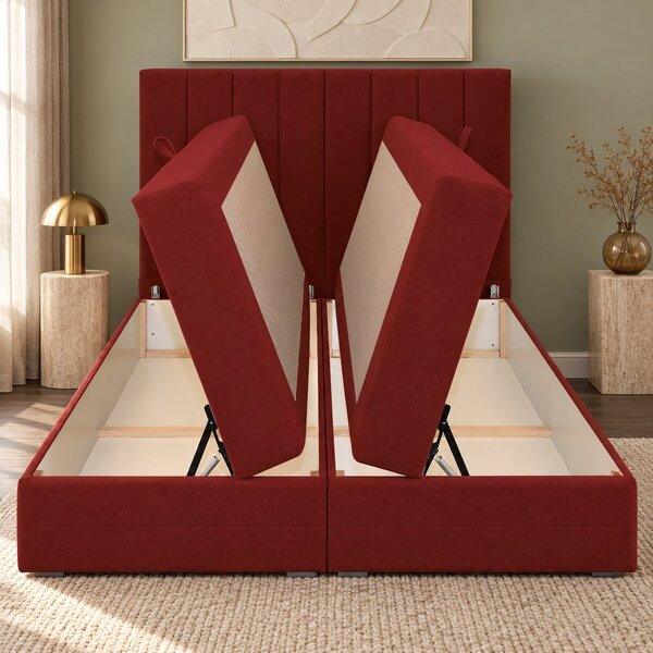 Pat boxspring din catifea Novella cu ladă 140×200 cm, roșu