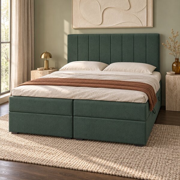 Pat boxspring din catifea Novella cu ladă 140×200 cm, verde