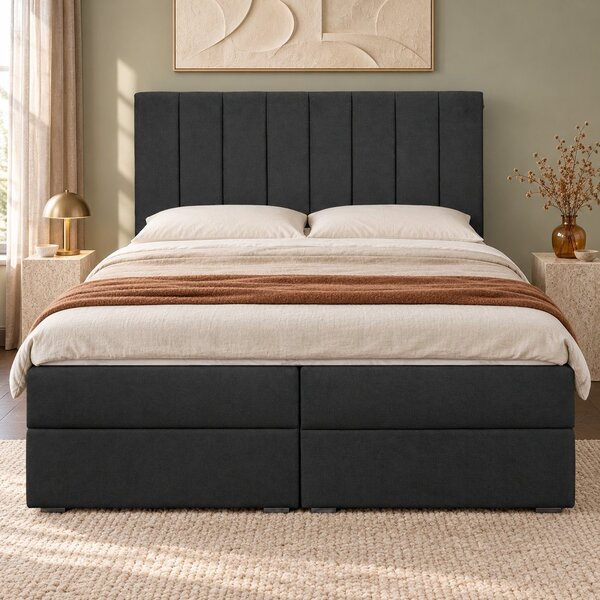 Pat boxspring din catifea Novella cu ladă 140×200 cm, gri închis