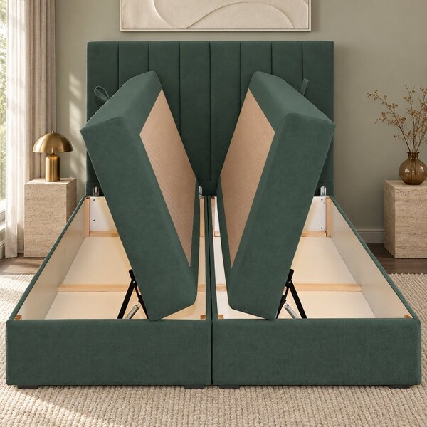 Pat boxspring din catifea Novella cu ladă 140×200 cm, verde