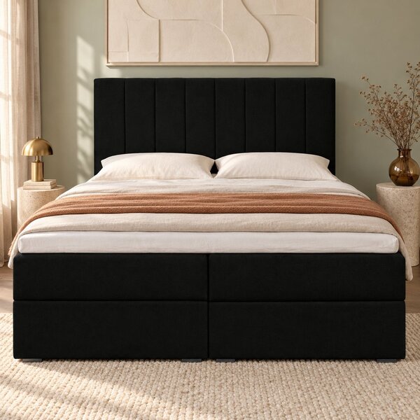 Pat boxspring din catifea Novella cu ladă 140×200 cm, negru