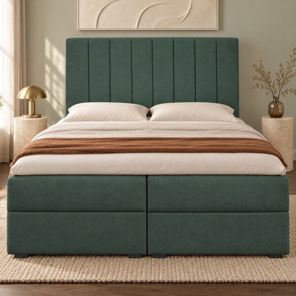 Pat boxspring din catifea Novella cu ladă 140×200 cm, verde