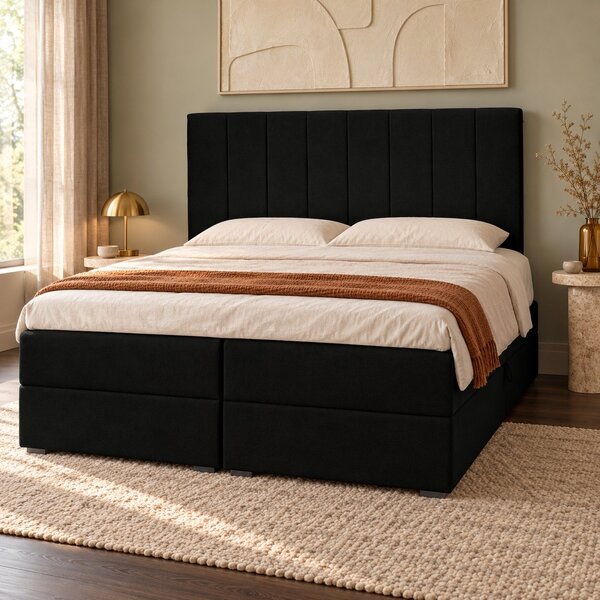 Pat boxspring din catifea Novella cu ladă 140×200 cm, negru