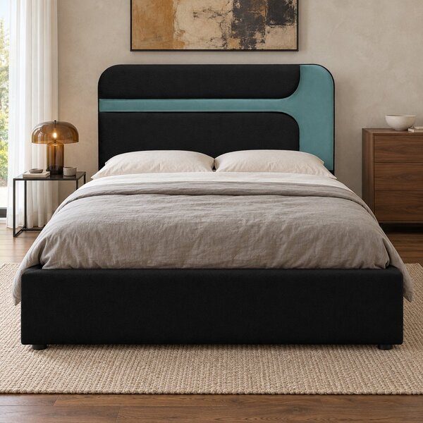 Pat tapițat Isadora 140×200 cm, negru + verde marin, cu ladă de depozitare
