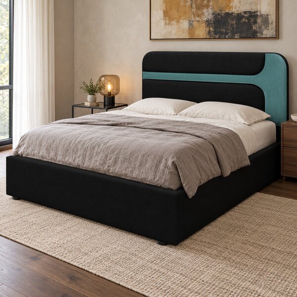 Pat tapițat Isadora 140×200 cm, negru + verde marin, cu ladă de depozitare