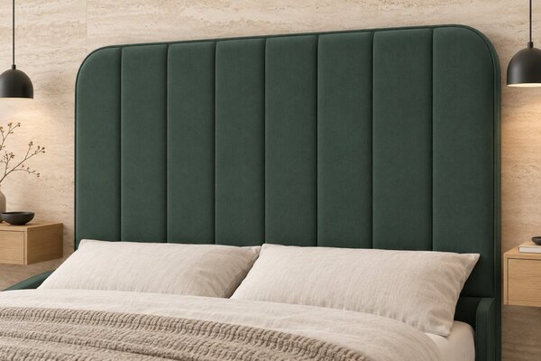 Pat tapițat din stofă Calista 140×200 cm, verde marin, cu ladă de depozitare