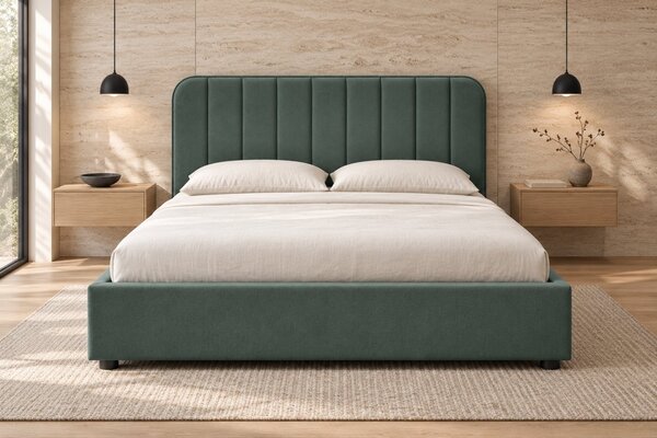 Pat tapițat din stofă Calista 140×200 cm, verde marin, cu ladă de depozitare
