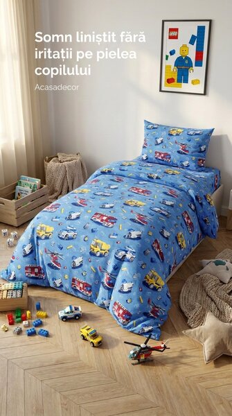 Lenjerie de pat copii bumbac City Cars Lego