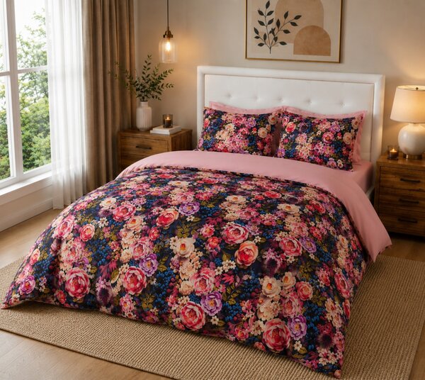 Lenjerie de pat matrimonial Premium Ranforce 5D bujori roz / 200x220 cm dimensiune standard