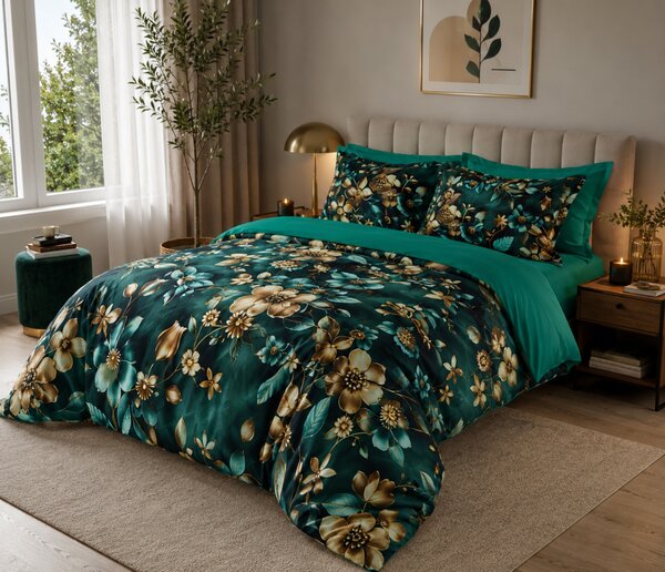 Lenjerie de pat matrimonial Premium Ranforce 5D verde / 200x220 cm dimensiune standard
