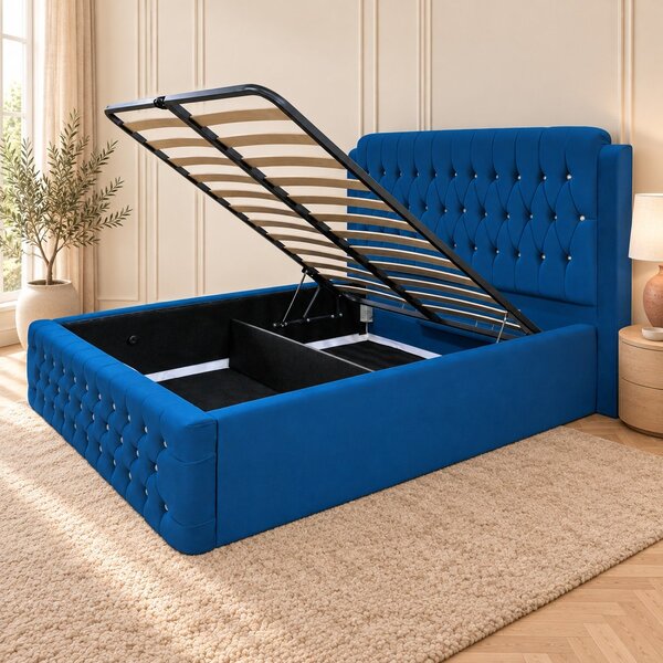 Pat tapițat Chesterfield din catifea Aveline Deluxe 140×200 cm, albastru, cu ladă de depozitare