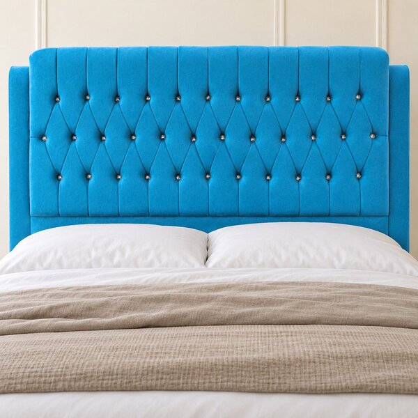 Pat tapițat Chesterfield din catifea Aveline Deluxe 140×200 cm, albastru deschis, cu ladă de depozitare