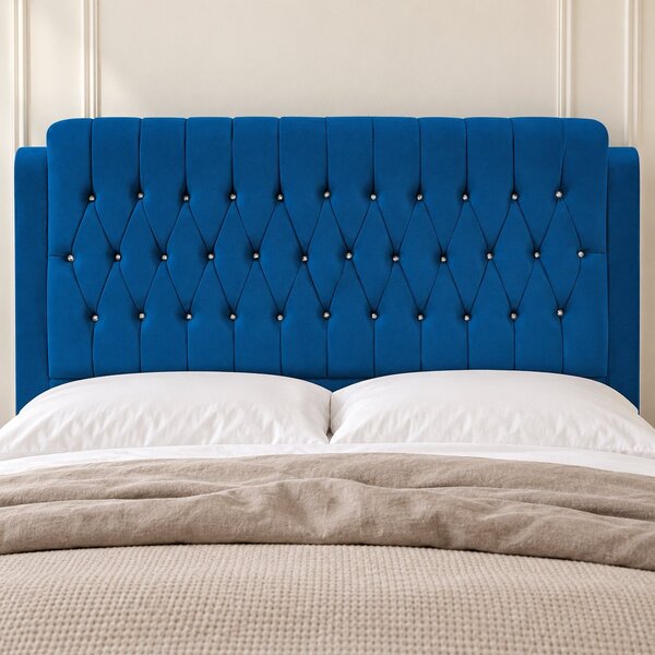 Pat tapițat Chesterfield din catifea Aveline Deluxe 140×200 cm, albastru, cu ladă de depozitare