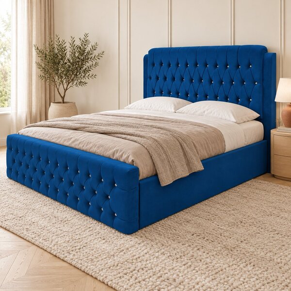 Pat tapițat Chesterfield din catifea Aveline Deluxe 140×200 cm, albastru, cu ladă de depozitare