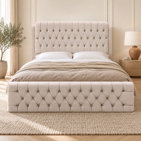 Pat tapițat Chesterfield din catifea Aveline Deluxe 140×200 cm, crem, cu ladă de depozitare