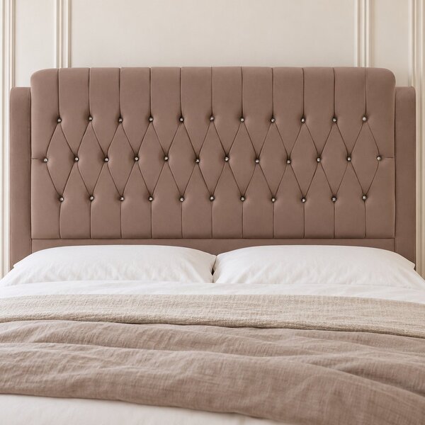 Pat tapițat Chesterfield din catifea Aveline Deluxe 140×200 cm, cappuccino, cu ladă de depozitare