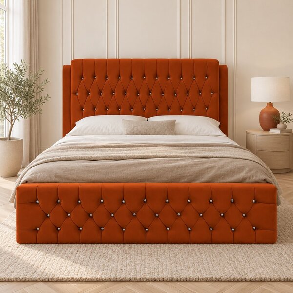 Pat tapițat Chesterfield din catifea Aveline Deluxe 140×200 cm, cărămiziu, cu ladă de depozitare