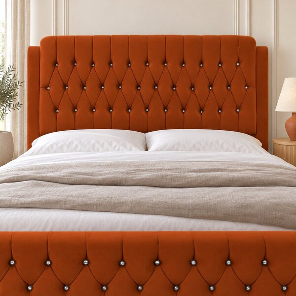 Pat tapițat Chesterfield din catifea Aveline Deluxe 140×200 cm, cărămiziu, cu ladă de depozitare
