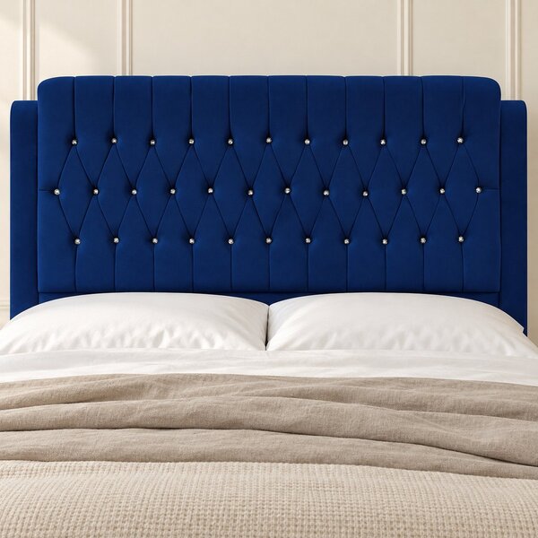 Pat tapițat Chesterfield din catifea Aveline Deluxe 140×200 cm, bleumarin, cu ladă de depozitare
