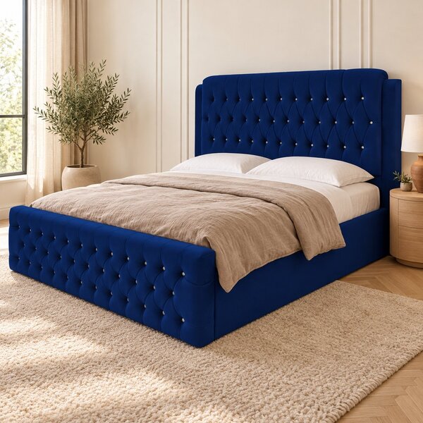 Pat tapițat Chesterfield din catifea Aveline Deluxe 140×200 cm, bleumarin, cu ladă de depozitare