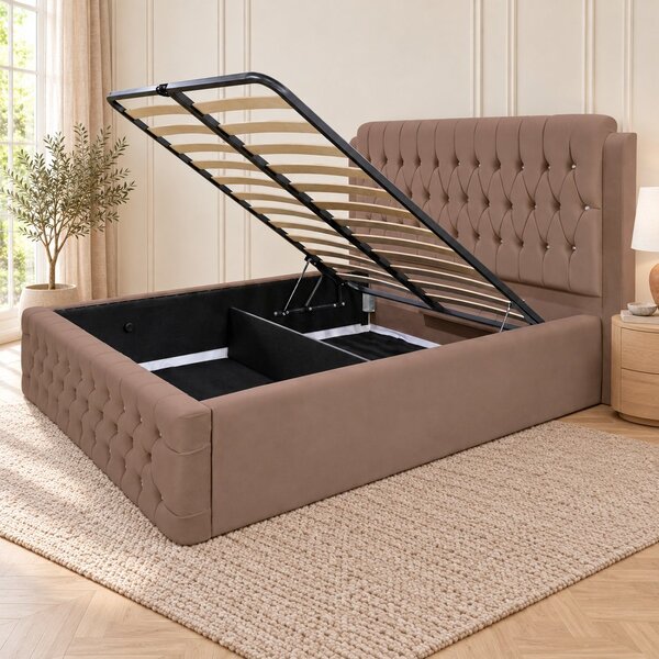 Pat tapițat Chesterfield din catifea Aveline Deluxe 140×200 cm, cappuccino, cu ladă de depozitare